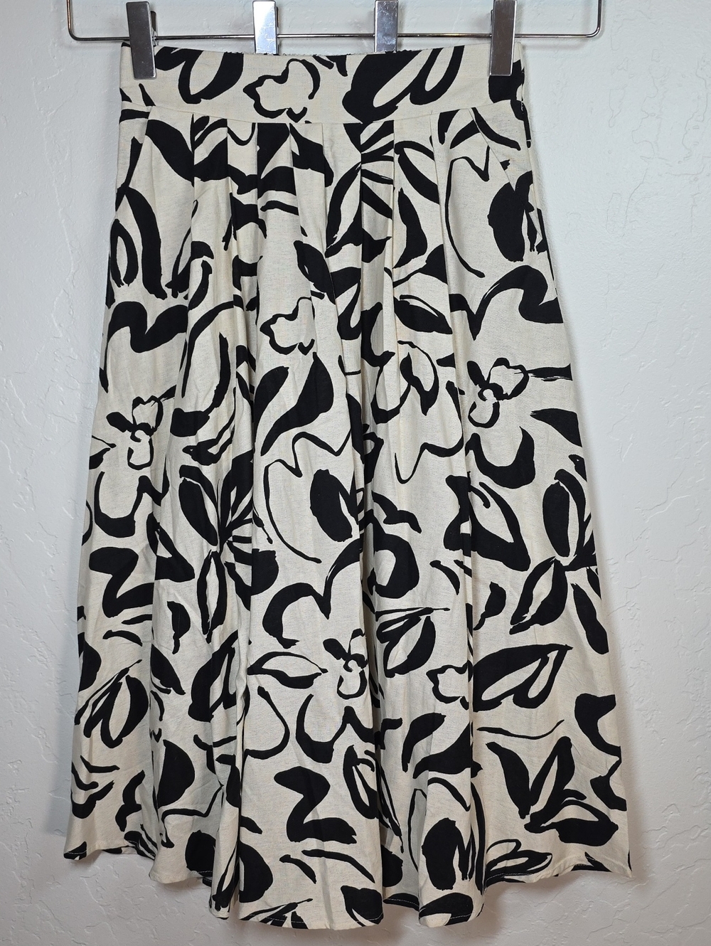 Black & Cream Abstract Floral Pleated Waist Skirt Cotton Linen Blend Pockets